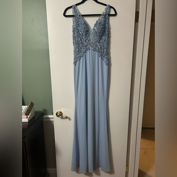 Ellie Wilde Light Blue Beaded Prom Dress - Picture 2 of 9